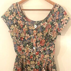 Vintage Eileen West Floral Dress, Scoop Neck, Pockets, Midi Length, Size 8